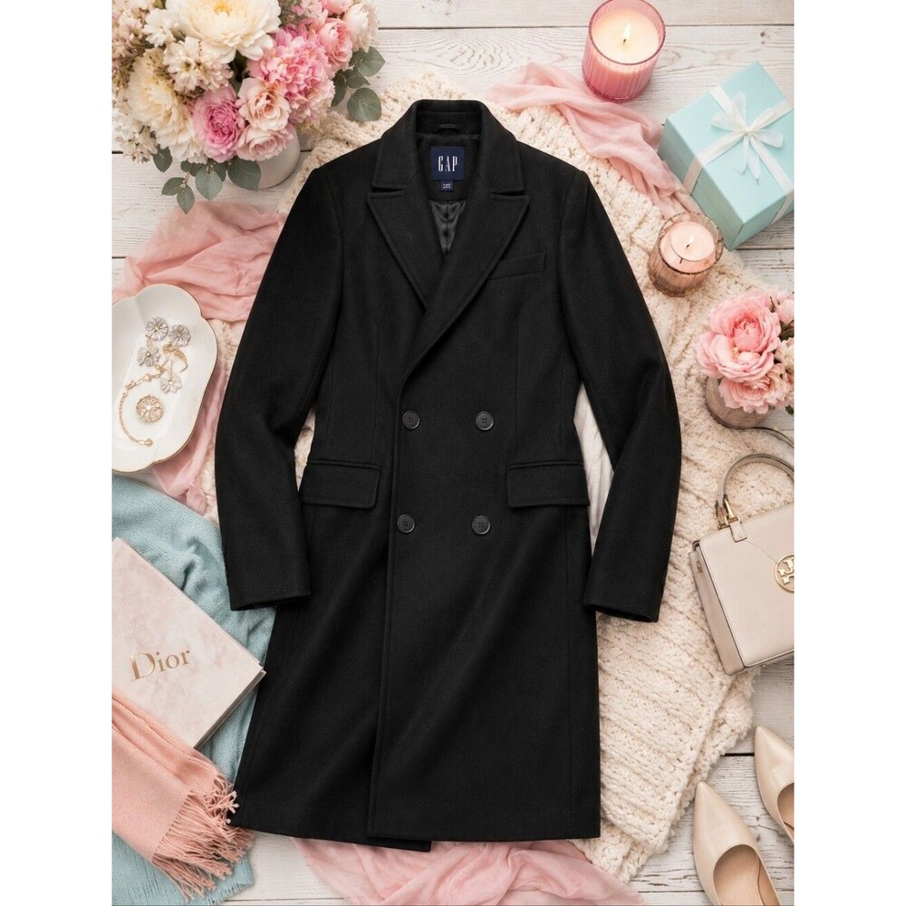 GAP Wool Coat |Timeless Tailored Wool| Black Double Breasted |LgPetite|Like New - Picture 4 of 10